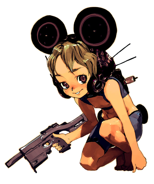 ryo chimo, original, 1girl, animal ears, bike shorts, female focus, flat chest, gun, headphones, loli, midriff, mouse ears, nipples, solo, weapon