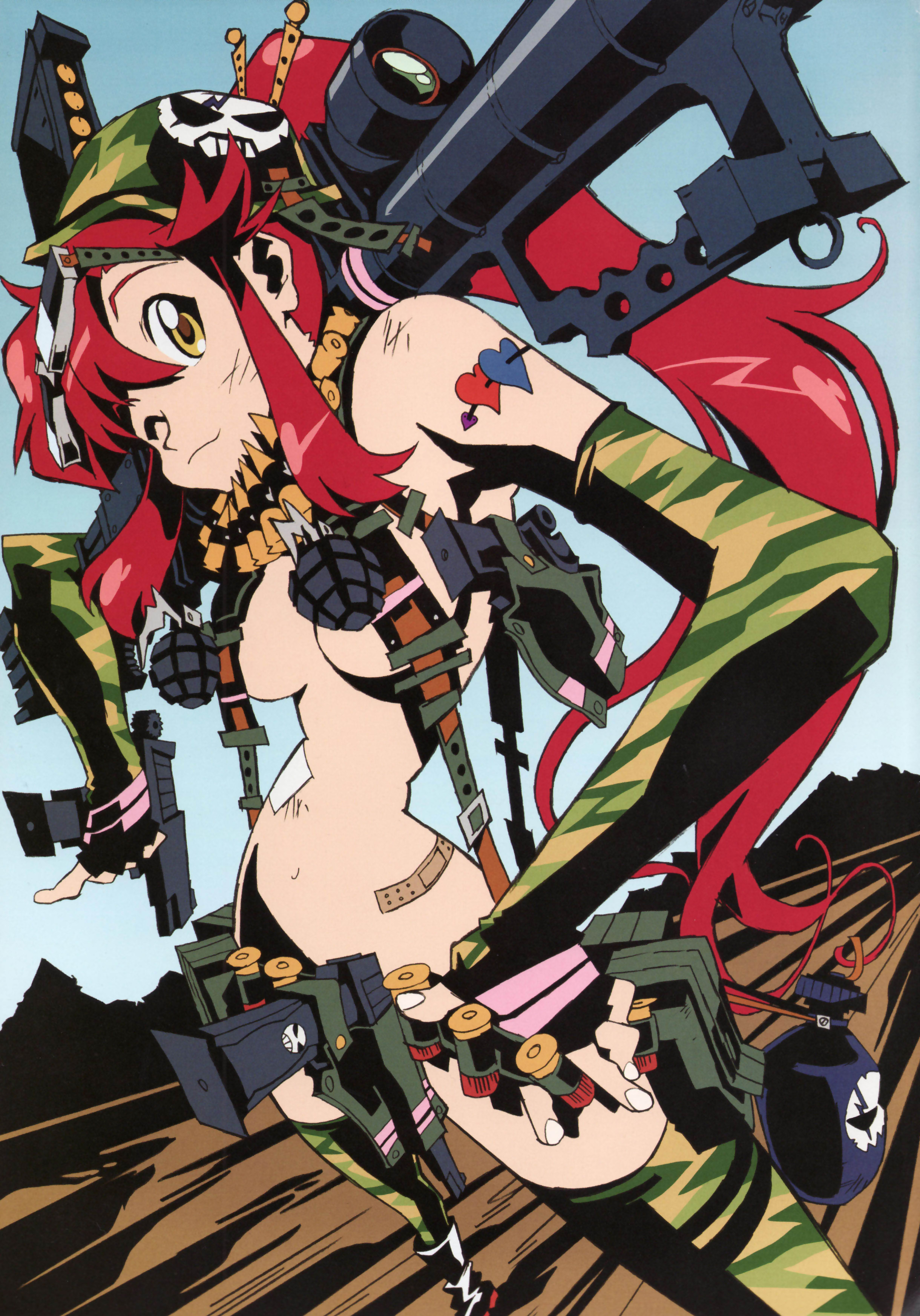 yoko littner, tengen toppa gurren lagann, absurdres, highres, 00s, long hair, ponytail, red hair, tattoo, weapon, wink