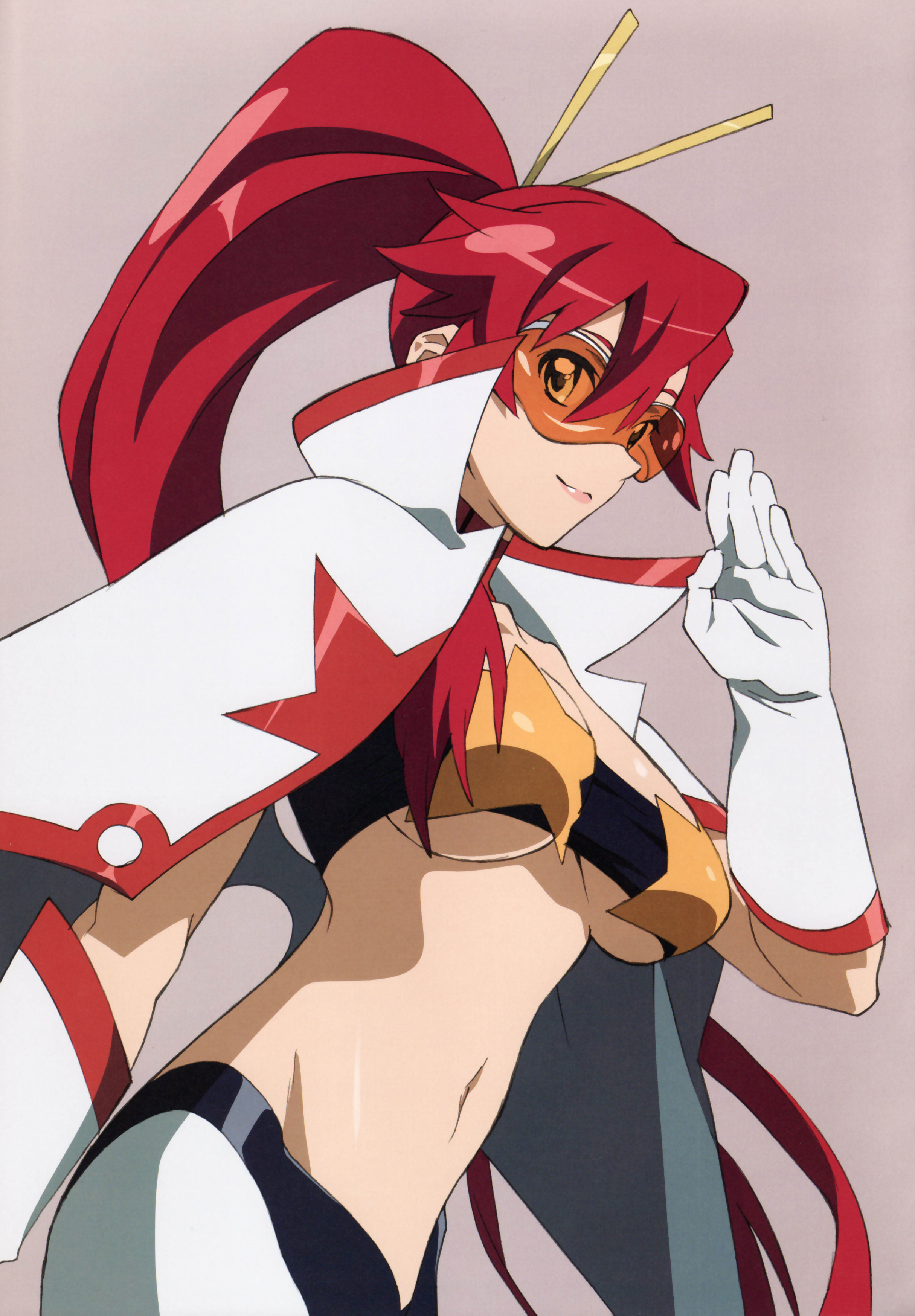 space yoko, yoko littner, tengen toppa gurren lagann, visor, absurdres, highres, 00s, 1girl, bandeau, breasts, female focus, long hair, midriff, orange-tinted eyewear, orange-tinted glasses, ponytail, solo, strapless, sunglasses, tinted eyewear, tube top, underboob