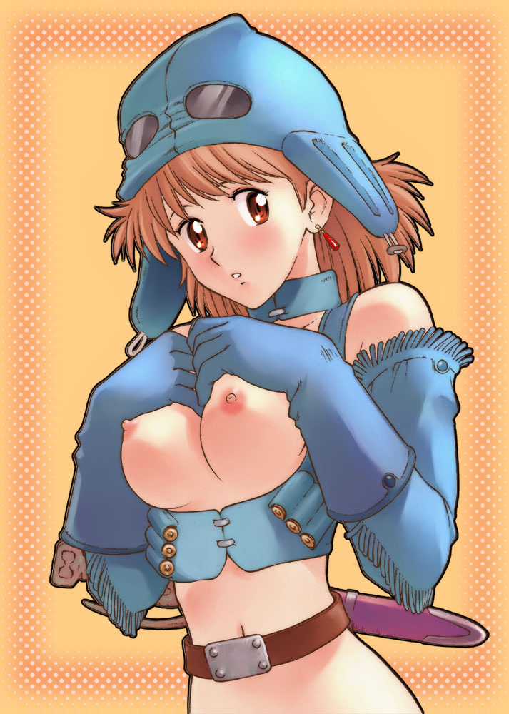 kikumaru bunta, nausicaa, kaze no tani no nausicaa, studio ghibli, 1980s (style), 1girl, blush, breasts, breasts out, breasts squeezed together, brown eyes, brown hair, earrings, female focus, jewelry, looking at viewer, medium breasts, navel, nipples, oldschool, parted lips, retro artstyle, solo, upper body