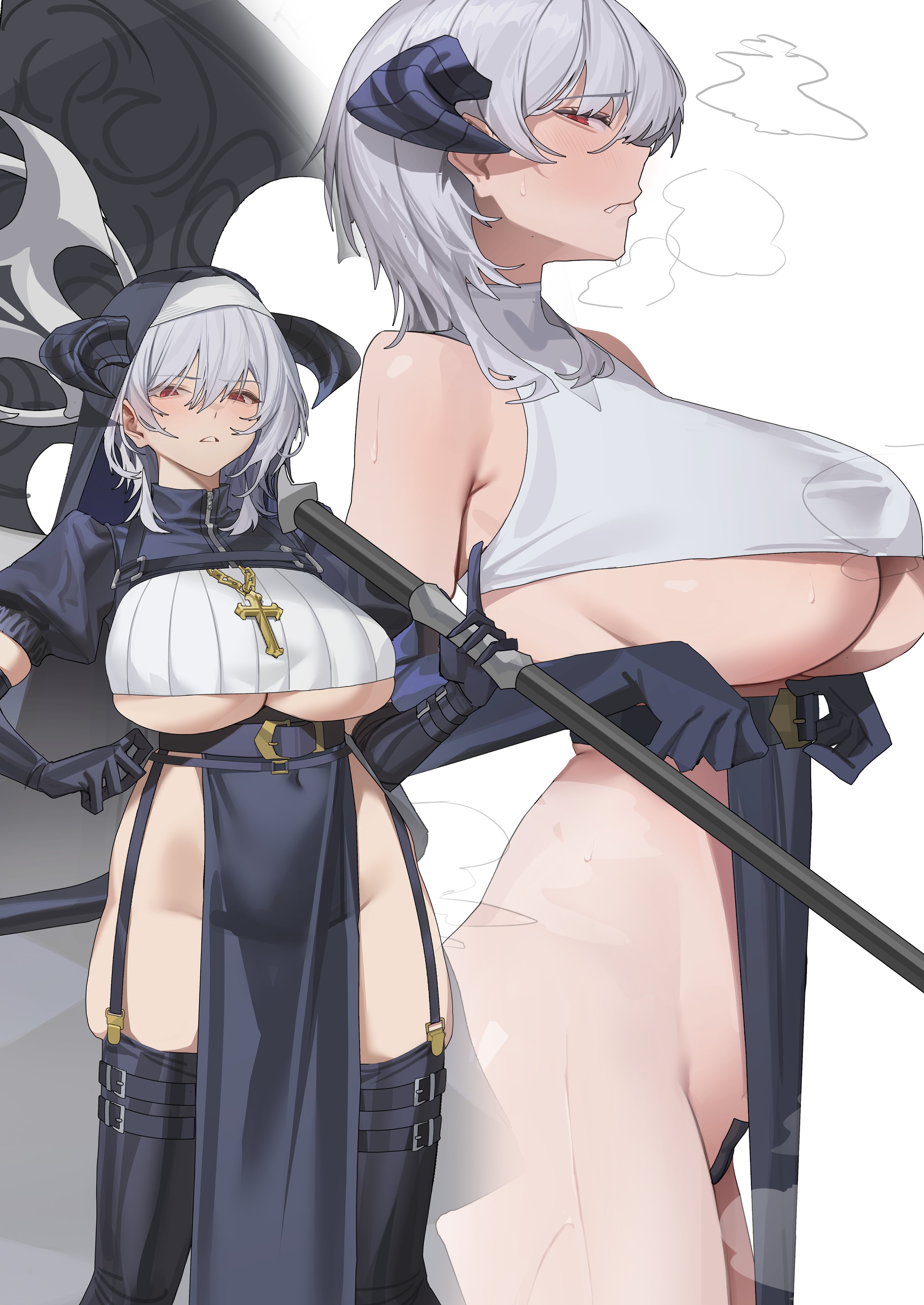 gong dol hong, original, absurdres, highres, 1girl, axe, blush, breasts, closed mouth, covered erect nipples, embarrassed, frown, gloves, grey hair, groin, holding, holding axe, horns, huge breasts, juliet sleeves, loincloth, long sleeves, looking to the side, maebari, multiple girls, multiple views, nun, puffy sleeves, red eyes, simple background, thighhighs, underboob, white background