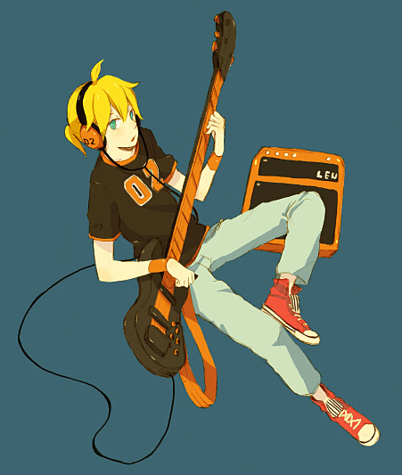 kuko, kagamine len, vocaloid, 1boy, guitar, headphones, instrument, male focus, solo, speaker
