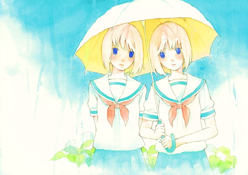 kuko, original, bad id, bad pixiv id, painting (medium), traditional media, watercolor (medium), holding, holding umbrella, rain, school uniform, serafuku, siblings, sisters, twins, umbrella