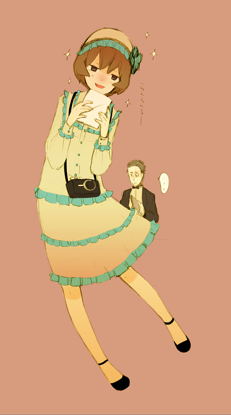 kuko, carol, carol (baccano), gustav st-germain, baccano!, bad id, bad pixiv id, highres, …, 00s, 1boy, 1girl, blush, camera, dress, flapper girl, hat, heart, heart-shaped pupils, monocle, open mouth, short hair, simple background, symbol-shaped pupils