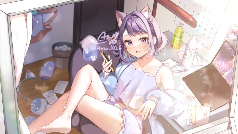 anzu 1026, razz production, commentary request, 1girl, animal ear fluff, animal ears, bare shoulders, barefoot, blush, bottle, camisole, cat ears, chair, collarbone, computer, crossed legs, frilled shorts, frills, hair ornament, indoors, laptop, looking at viewer, on chair, open mouth, purple camisole, purple eyes, purple hair, purple shorts, short hair, shorts, signature, sitting, smile, solo, table, twitter username, ukia mamu, virtual youtuber, water bottle