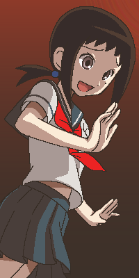 awa, kaga ai, sayonara zetsubou sensei, multicolored background, lowres, 00s, 1girl, :d, blue skirt, brown eyes, brown hair, cowboy shot, dutch angle, female focus, gradient background, hair bobbles, hair ornament, jaggy lines, low ponytail, neckerchief, oekaki, open mouth, pleated skirt, ponytail, school uniform, serafuku, short ponytail, short sleeves, skirt, smile, solo, two-tone background
