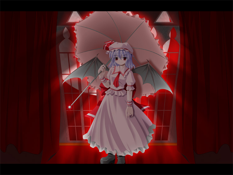 kii (mahoraba), remilia scarlet, touhou, 1girl, bat wings, female focus, grey shoes, hat, indoors, letterboxed, pink hat, shoes, solo, umbrella, wings