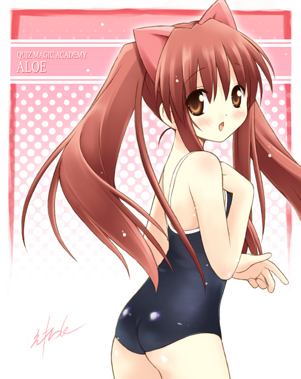 eretto, aloe, aloe (quiz magic academy), quiz magic academy, 1girl, :d, animal ears, black one-piece swimsuit, blush, brown eyes, brown hair, cat ears, competition school swimsuit, female focus, hand on own chest, long hair, looking at viewer, looking back, one-piece swimsuit, open mouth, school swimsuit, smile, solo, swimsuit, twintails