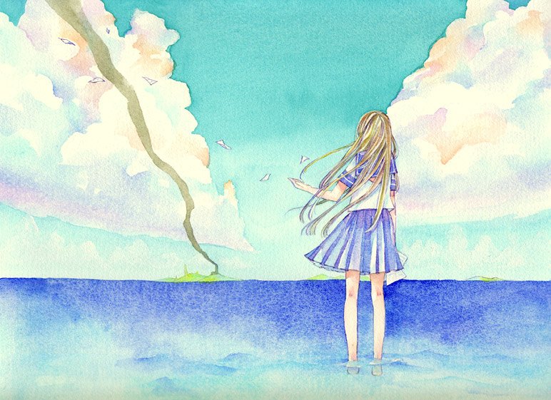 kuko, original, bad id, bad pixiv id, 1girl, day, female focus, long hair, paper, school uniform, serafuku, sky, smoke, solo, wading, water