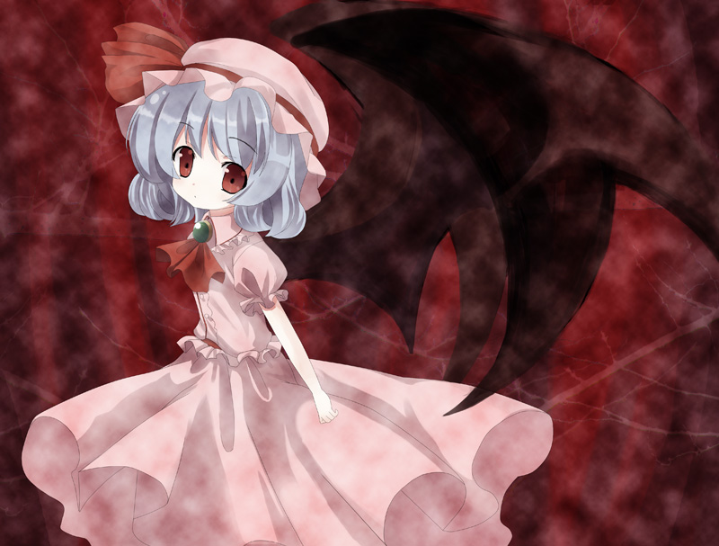 omiso, omiso (omiso), remilia scarlet, touhou, 1girl, blue hair, female focus, hat, pink hat, red eyes, solo, wings