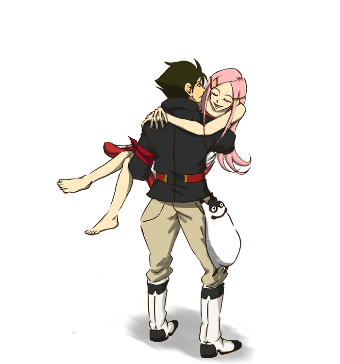 anemone (eureka seven), dominic sorel, gulliver (eureka seven), eureka seven, eureka seven (series), 00s, 1boy, 1girl, barefoot, carrying, long hair, pink hair, princess carry