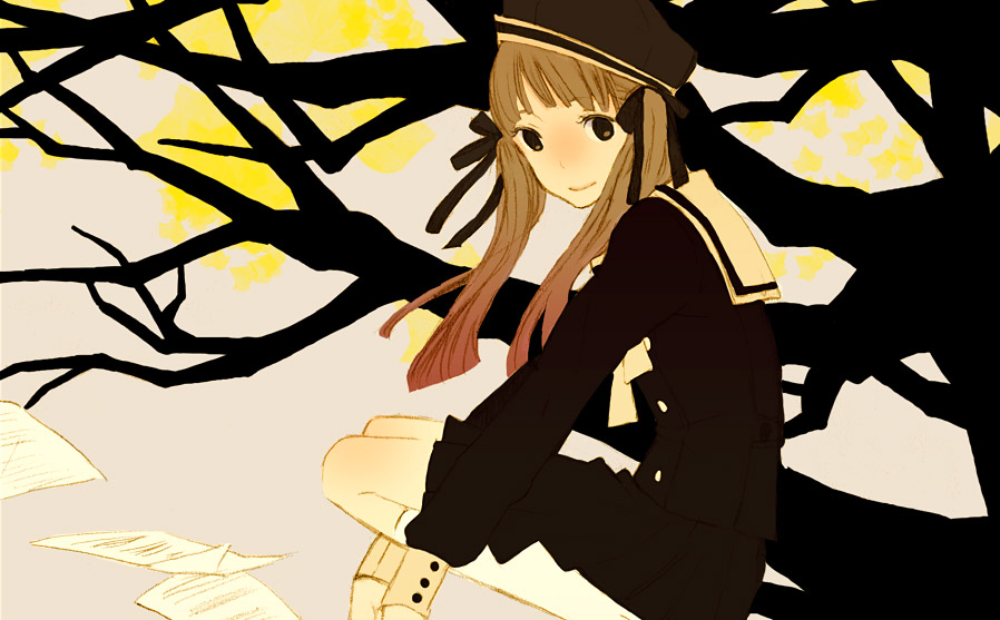 kuko, original, bad id, bad pixiv id, autumn, hat, paper, ribbon, school uniform, serafuku, solo, tree, twintails