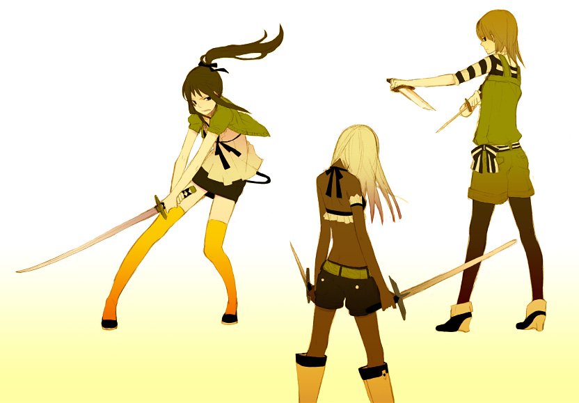 kuko, original, blade, bad id, bad pixiv id, 3girls, boots, dark-skinned female, dark skin, multiple girls, pantyhose, pantyhose under shorts, ponytail, shorts, sword, thighhighs, weapon, zettai ryouiki