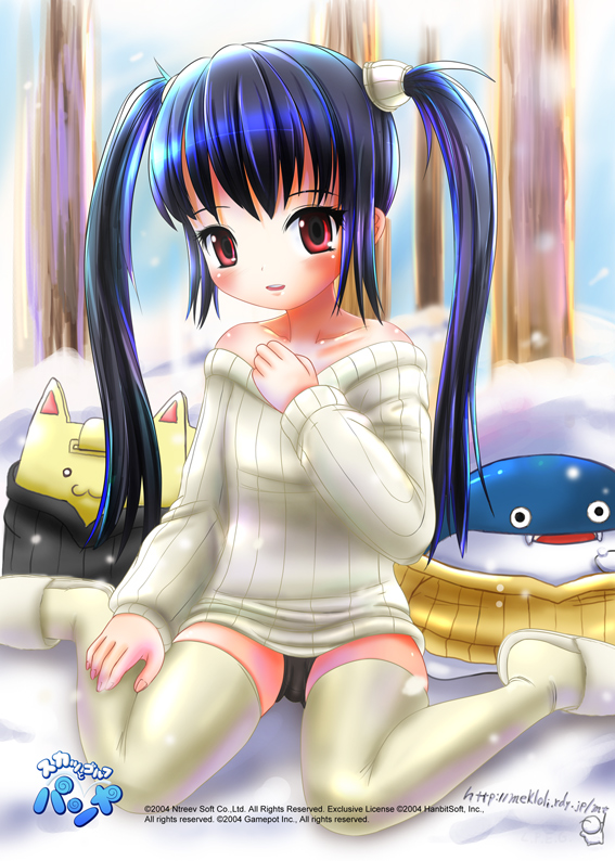 lpeg, dolfini (pangya), kooh (pangya), papel (pangya), pangya, eyebrows, 1girl, :3, bare shoulders, black hair, black panties, blush, collarbone, fangs, female focus, long hair, long sleeves, looking at viewer, off shoulder, on ground, open mouth, outdoors, panties, pantyshot, red eyes, ribbed sweater, shoes, sitting, snow, snowing, solo, sweater, thighhighs, tree, twintails, underwear, wariza, white shoes, white thighhighs
