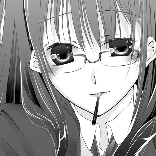 hisaba iori, original, lowres, 1girl, female focus, food, glasses, greyscale, monochrome, pocky, portrait, solo