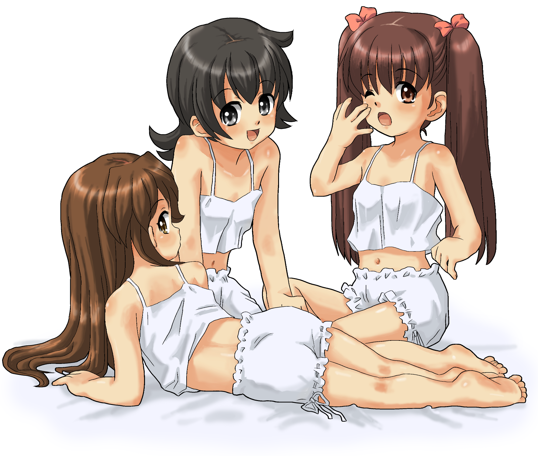kasuga (kasuga39), original, eyebrows, highres, 3girls, :d, :o, back, bare shoulders, barefoot, bed sheet, black eyes, black hair, bloomers, blush, body blush, brown eyes, brown hair, camisole, child, collarbone, crop top, feet, female focus, full body, hair between eyes, hair ribbon, halterneck, kneeling, kneepits, legs, long hair, looking at viewer, looking back, lying, matching hair/eyes, midriff, multiple girls, navel, on side, one eye closed, open mouth, profile, ribbon, shiny skin, short hair, simple background, sitting, smile, soles, toes, twintails, underwear, white background, wink, yawning