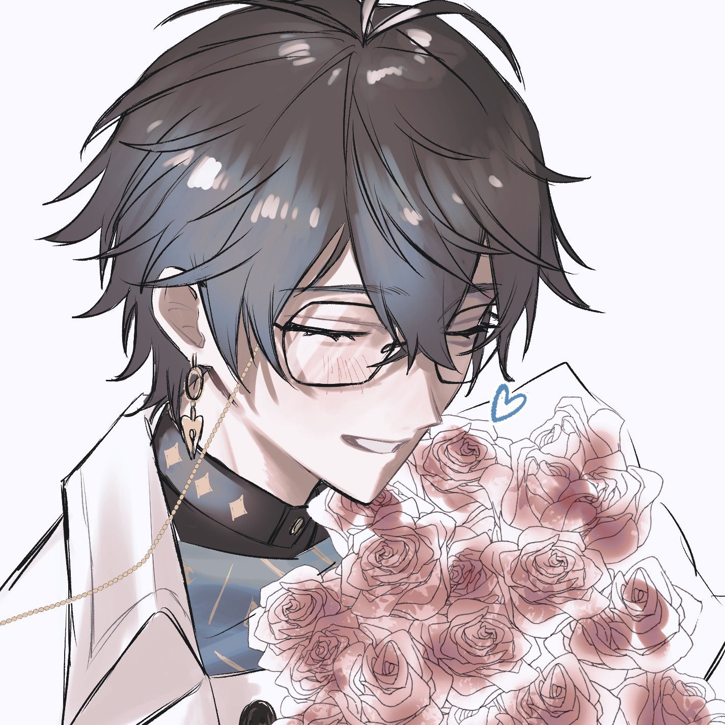 24mrrrrr, ike eveland, ike eveland (1st costume), nijisanji, nijisanji en, commentary, highres, symbol-only commentary, black-framed eyewear, blush, bouquet, closed eyes, double-parted bangs, earrings, eyelashes, flower, glasses, grey hair, hair between eyes, heart, jacket, jewelry, parted lips, piercing, red flower, red rose, rose, simple background, smile, teeth, upper body, virtual graduation commemoration, white background, white jacket, wing collar