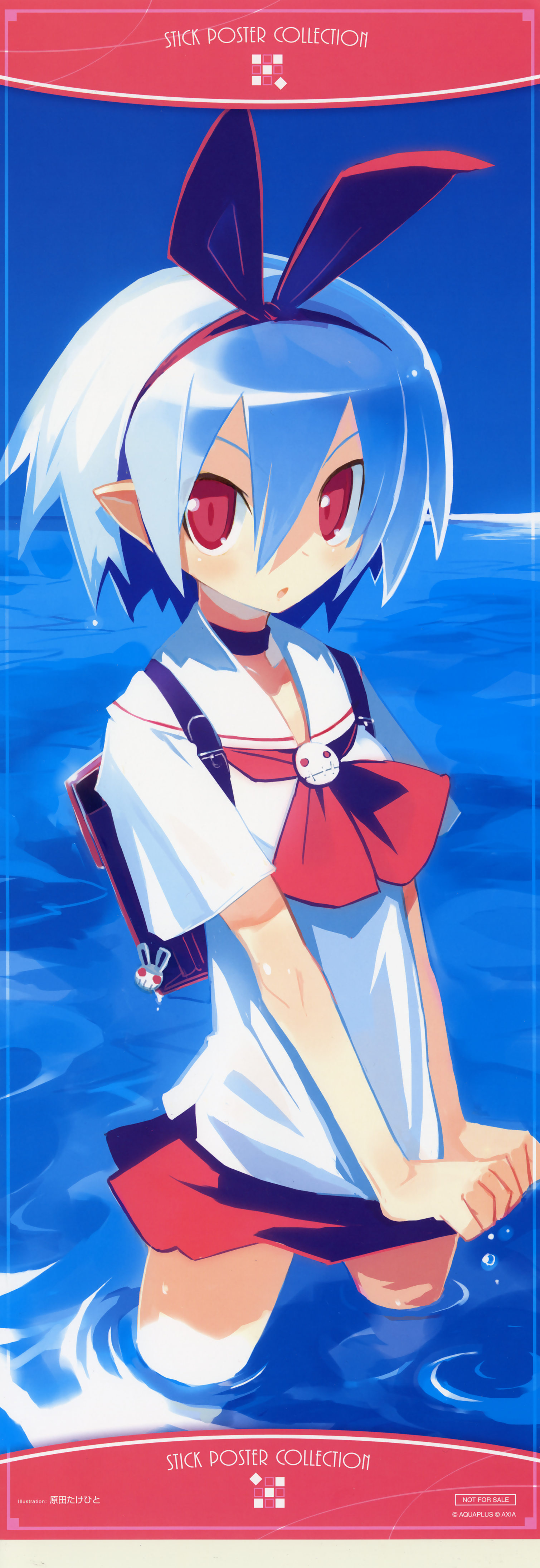 harada takehito, pleinair, disgaea, makai senki disgaea 2, nippon ichi, original, absurdres, highres, long image, official art, scan, tall image, 1girl, :o, artist name, backpack, badge, bag, blue hair, blush, breasts, button badge, choker, cloud, demon girl, female focus, flat chest, from side, hair between eyes, hair ribbon, hairband, looking at viewer, miniskirt, necktie, ocean, open mouth, outdoors, pointy ears, poster (medium), randoseru, red eyes, ribbon, school uniform, serafuku, shirt, short hair, short sleeves, skirt, sky, small breasts, solo, standing, stick poster, wading, water, wet, wet clothes, wringing clothes