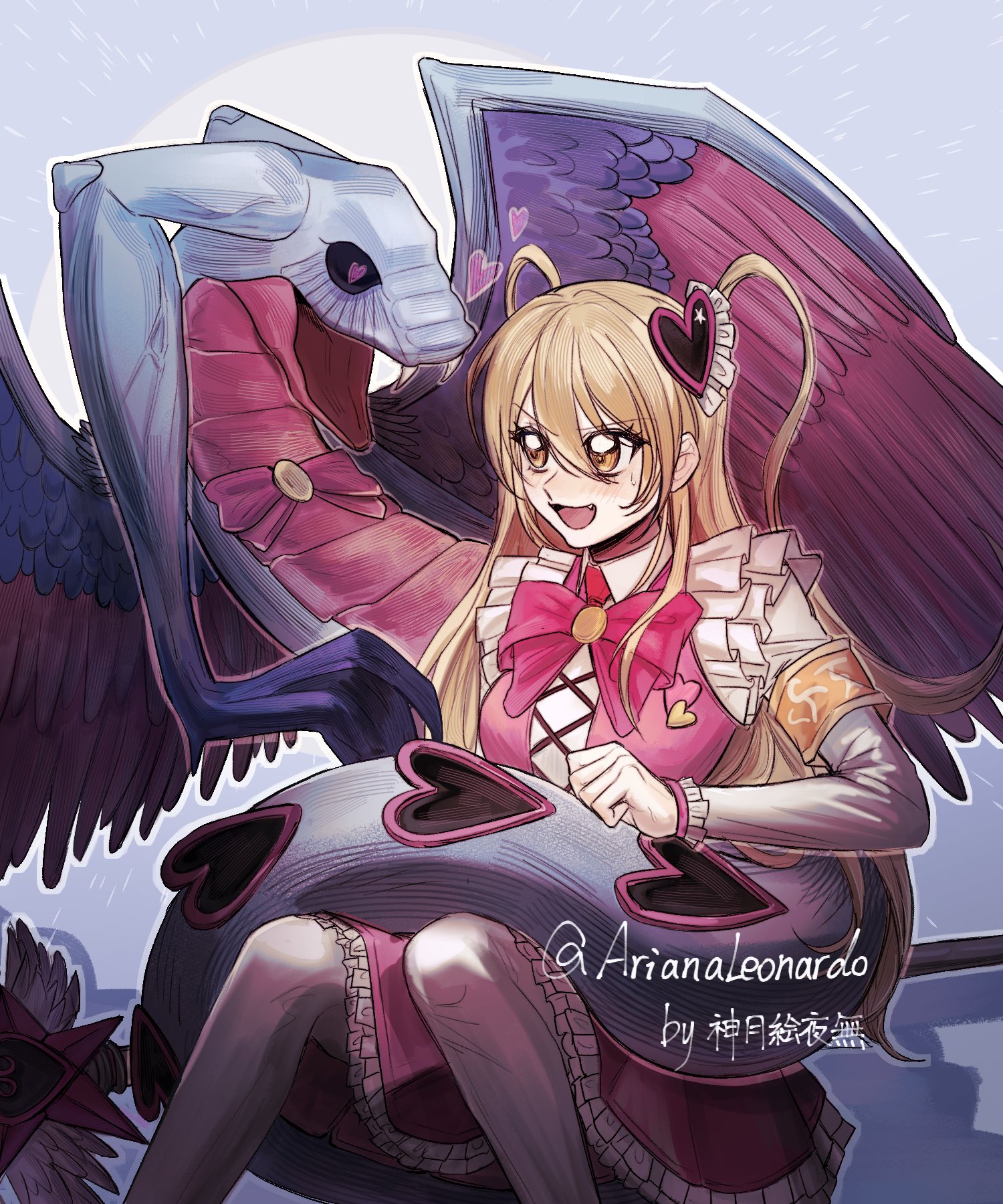 arianaleonardo, don quixote (project moon), queen of hatred, limbus company, project moon, highres, 1girl, armband, black sclera, blonde hair, blue background, bow, bowtie, colored sclera, e.g.o (project moon), fang, feathered wings, hair ornament, heart, heart hair ornament, in the name of love and hate (e.g.o), long hair, long sleeves, looking at another, open mouth, orange armband, pink bow, pink bowtie, pink skirt, pink vest, simple background, sitting, skirt, snake, thighhighs, two side up, upper body, vest, white thighhighs, wings, yellow eyes