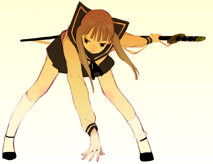 kuko, original, white legwear, bad id, bad pixiv id, asymmetrical legwear, bent over, black neckerchief, black shoes, blunt bangs, frown, full body, gradient background, holding, holding sword, holding weapon, katana, kneehighs, miniskirt, neckerchief, scabbard, school uniform, serafuku, sheath, sheathed, shoes, sketch, skirt, socks, sword, twintails, uneven legwear, weapon