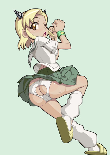 caryo, nanashino, angol mois, keroro gunsou, 1girl, ass, blonde hair, brown eyes, dark-skinned female, dark skin, female focus, gyaru, horns, kogal, loose socks, panties, pantyshot, pleated skirt, school uniform, serafuku, skirt, socks, solo, torn clothes, torn panties, underwear, upskirt, white panties, wince