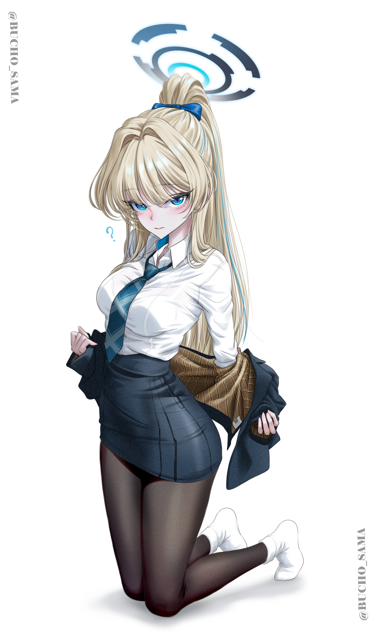 bucho sama, toki (blue archive), blue archive, absurdres, highres, 1girl, ?, alternate costume, alternate hairstyle, black pantyhose, blonde hair, blue bow, blue eyes, blue halo, blue jacket, blue necktie, blue skirt, blush, bow, breasts, closed mouth, hair bow, halo, jacket, kneeling, large breasts, looking at viewer, necktie, open clothes, open jacket, pantyhose, pencil skirt, ponytail, shirt, sidelocks, skirt, socks, solo, white shirt, white socks