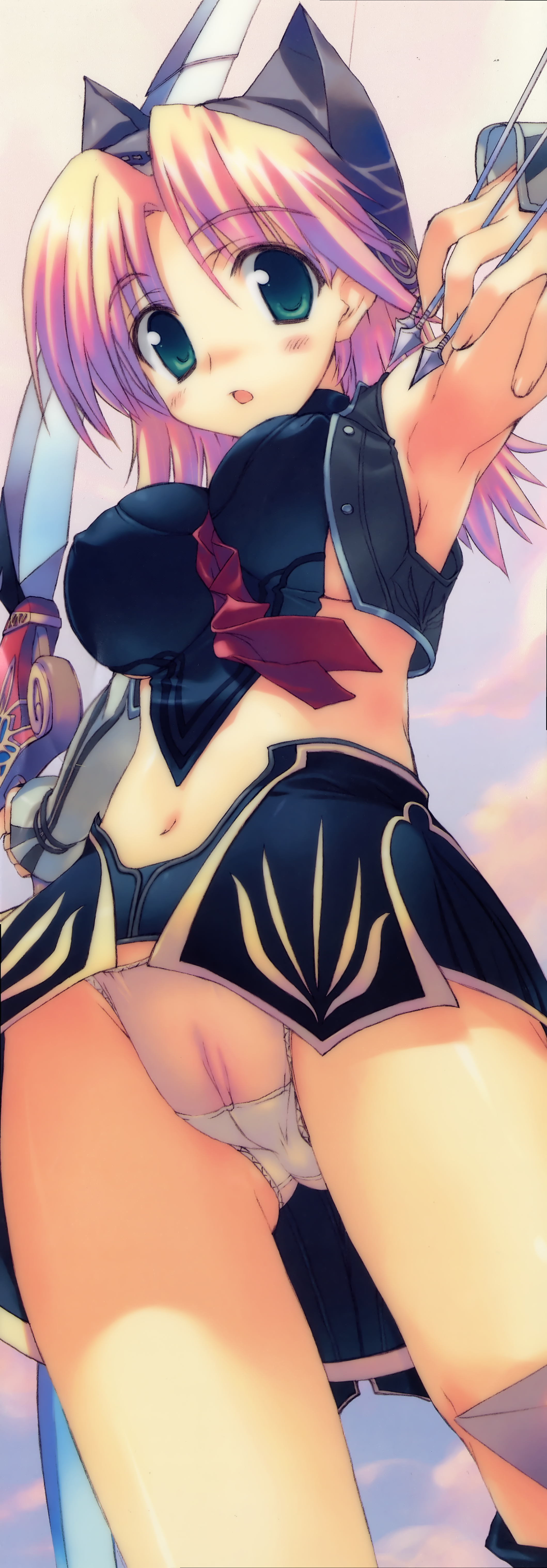 amazuyu tatsuki, mitsumi misato, absurdres, highres, huge filesize, long image, tall image, 1girl, animal ears, arrow (projectile), blonde hair, bow (weapon), breasts, cameltoe, cat ears, cleft of venus, clothes lift, female focus, large breasts, panties, pantyshot, poster (medium), pussy, school uniform, see-through clothes, serafuku, short hair, skirt, skirt lift, solo, uncensored, underwear, weapon
