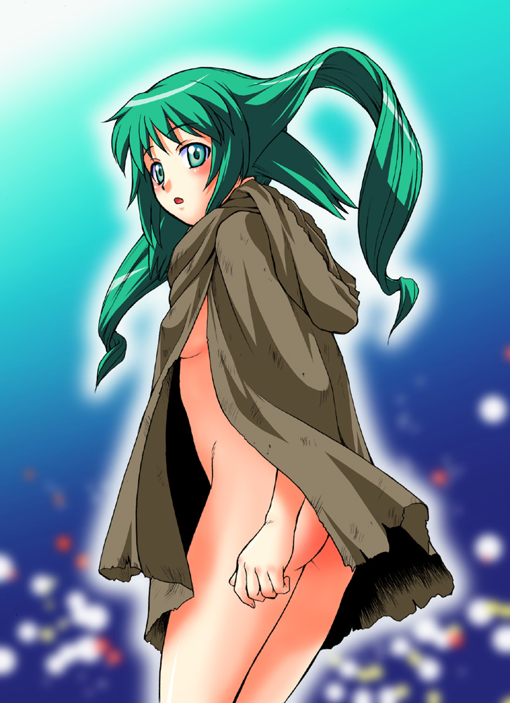 kouda tomohiro, solty revant, solty rei, 00s, 1girl, ass, blush, breasts, cloak, female focus, green eyes, green hair, long hair, matching hair/eyes, no bra, no panties, sideboob, small breasts, solo