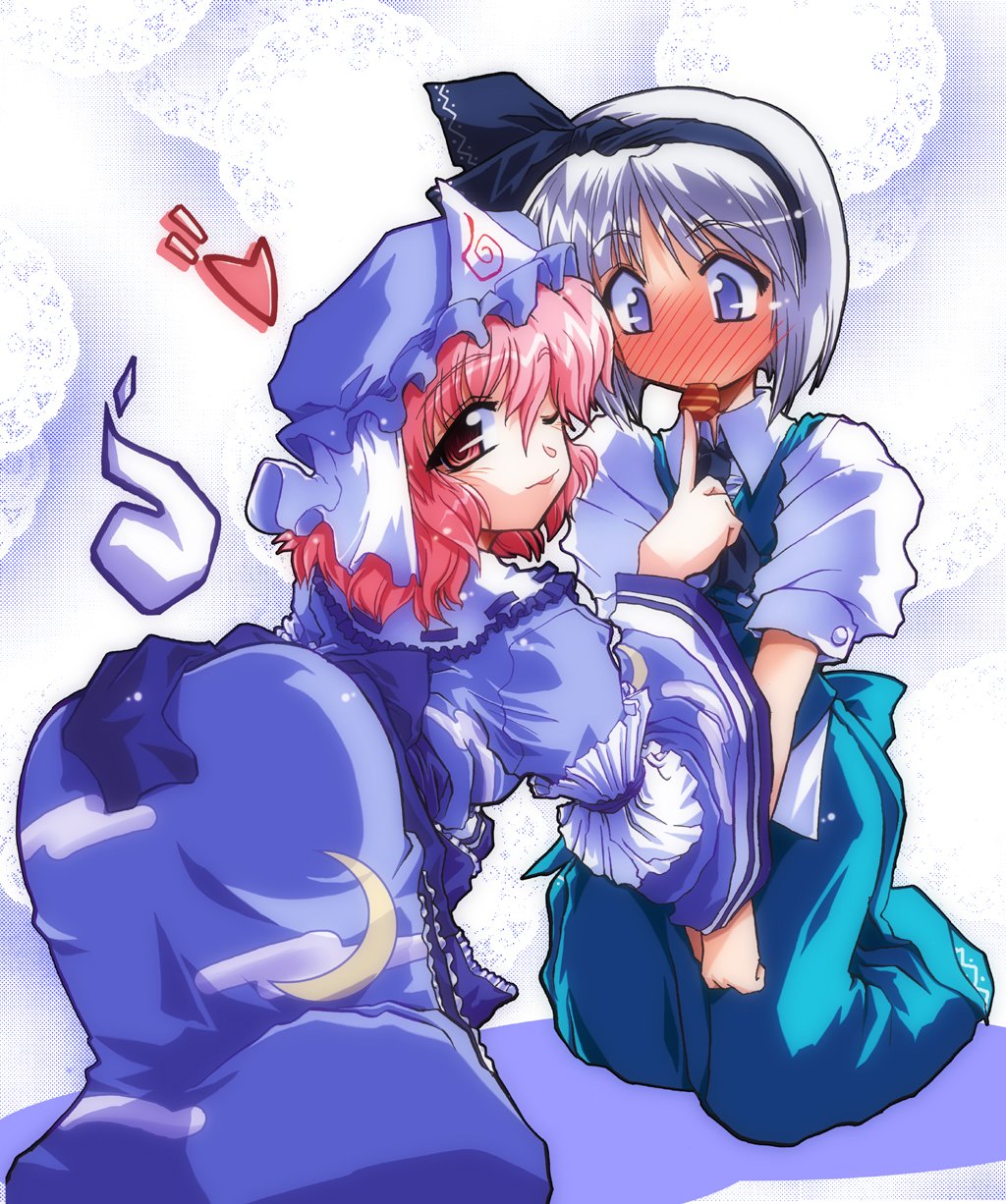 takana shinno, konpaku youmu, saigyouji yuyuko, touhou, silver hair, highres, 2girls, ;p, all fours, arm garter, artist name, ascot, ass, black hairband, black ribbon, blue dress, blue hat, blush, cloud print, collared shirt, crescent, doily, dress, feeding, female focus, food, food in mouth, frilled shirt collar, frills, full-face blush, gradient background, green skirt, green vest, grey eyes, hair between eyes, hair ribbon, hairband, hand up, hat, heart, hitodama, index finger raised, kneeling, looking at viewer, looking back, mob cap, multiple girls, one eye closed, pink eyes, print dress, puffy short sleeves, puffy sleeves, ribbon, sash, shadow, shirt, short hair, short sleeves, skirt, tongue, tongue out, triangular headpiece, v arms, veil, vest, white background, white shirt, wide sleeves