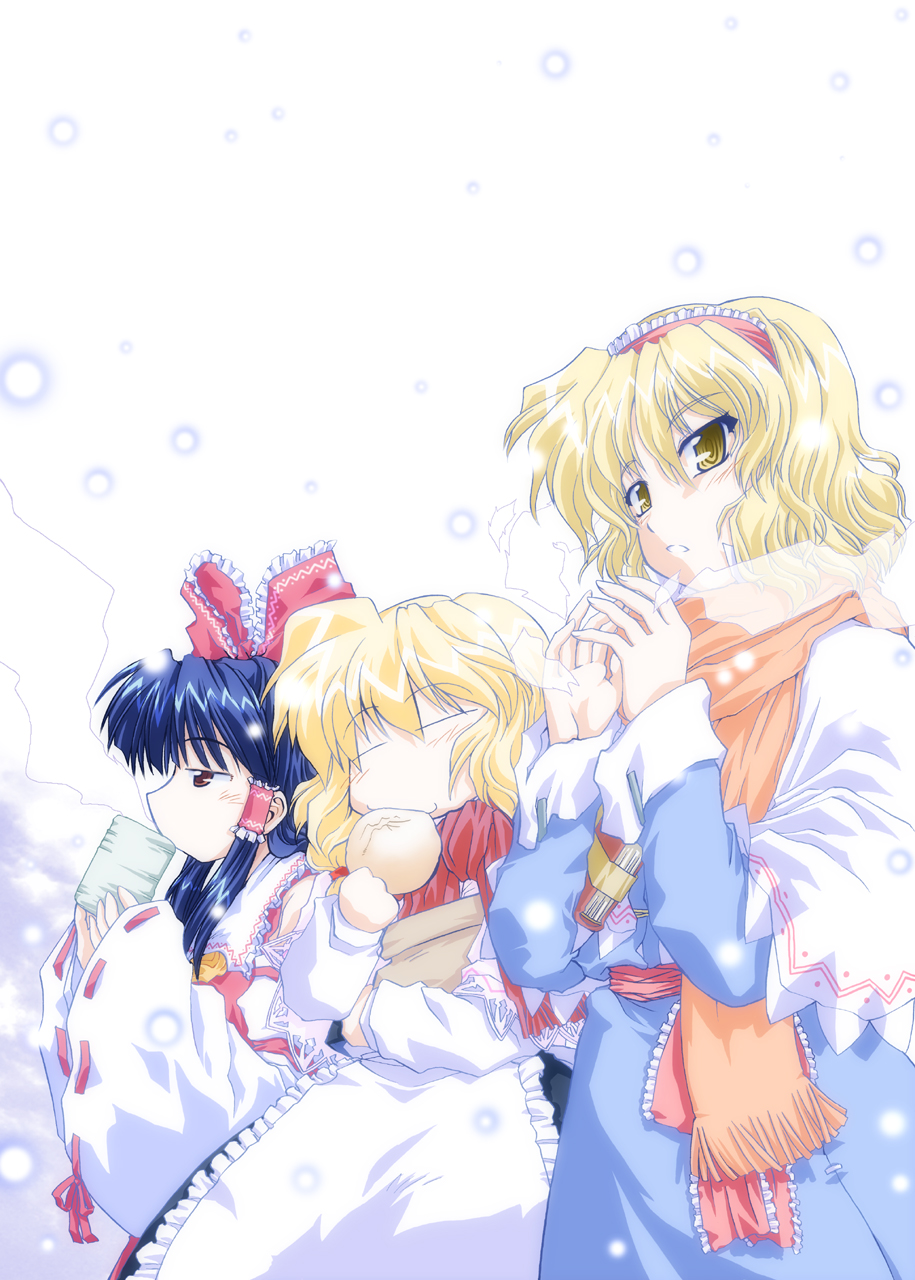 takana shinno, alice margatroid, hakurei reimu, kirisame marisa, touhou, highres, 3girls, apron, bare shoulders, blonde hair, book, bow, bread, capelet, closed eyes, detached sleeves, drink, eating, female focus, food, grimoire, hair bow, hair tubes, hairband, long sleeves, multiple girls, red bow, red scarf, ribbon-trimmed sleeves, ribbon trim, scarf, short hair, simple background, snowing, white background, yellow eyes
