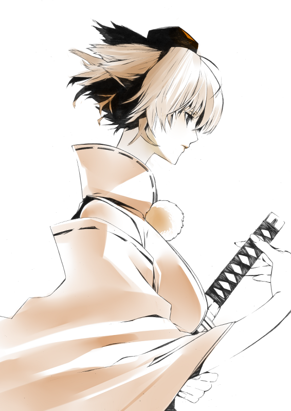 onigunsou, inubashiri momiji, touhou, 1girl, aged up, detached sleeves, expressionless, female focus, hat, monochrome, orange theme, pom pom (clothes), profile, sheath, sheathed, short hair, solo, spot color, sword, tokin hat, weapon, white hair
