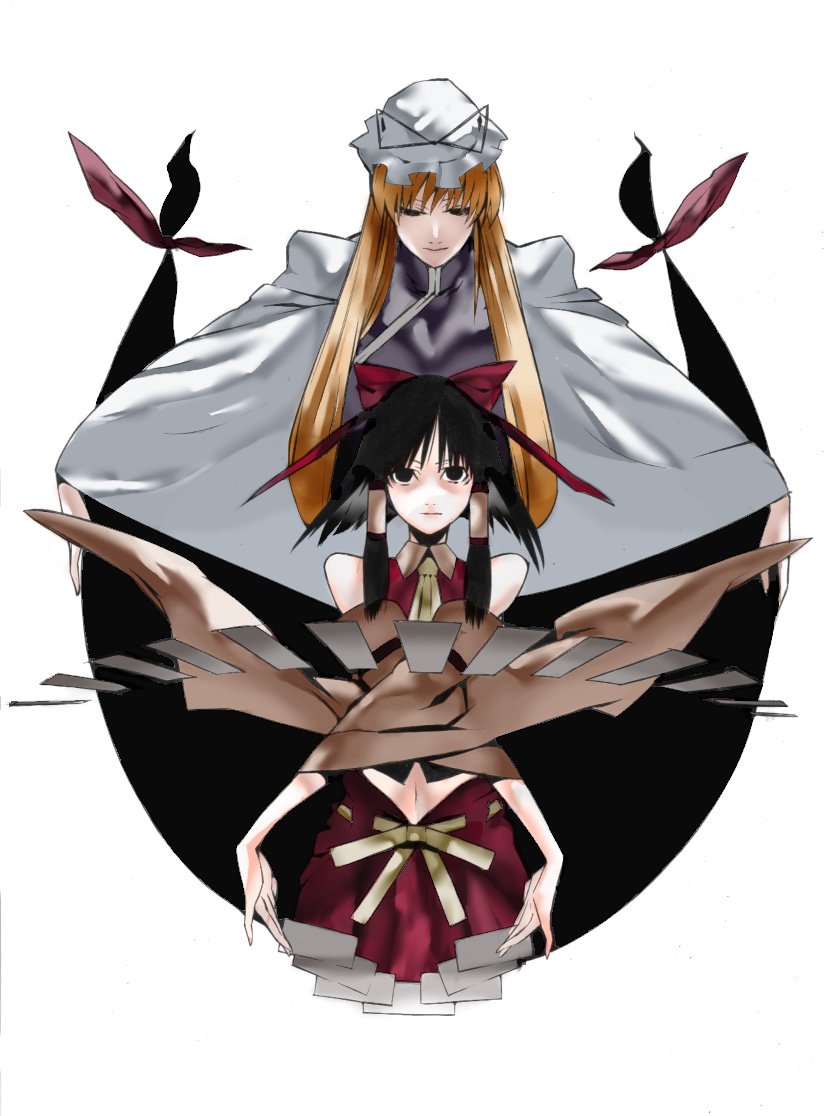 onigunsou, hakurei reimu, yakumo yukari, touhou, 2girls, black hair, blonde hair, female focus, gap (touhou), long hair, multiple girls