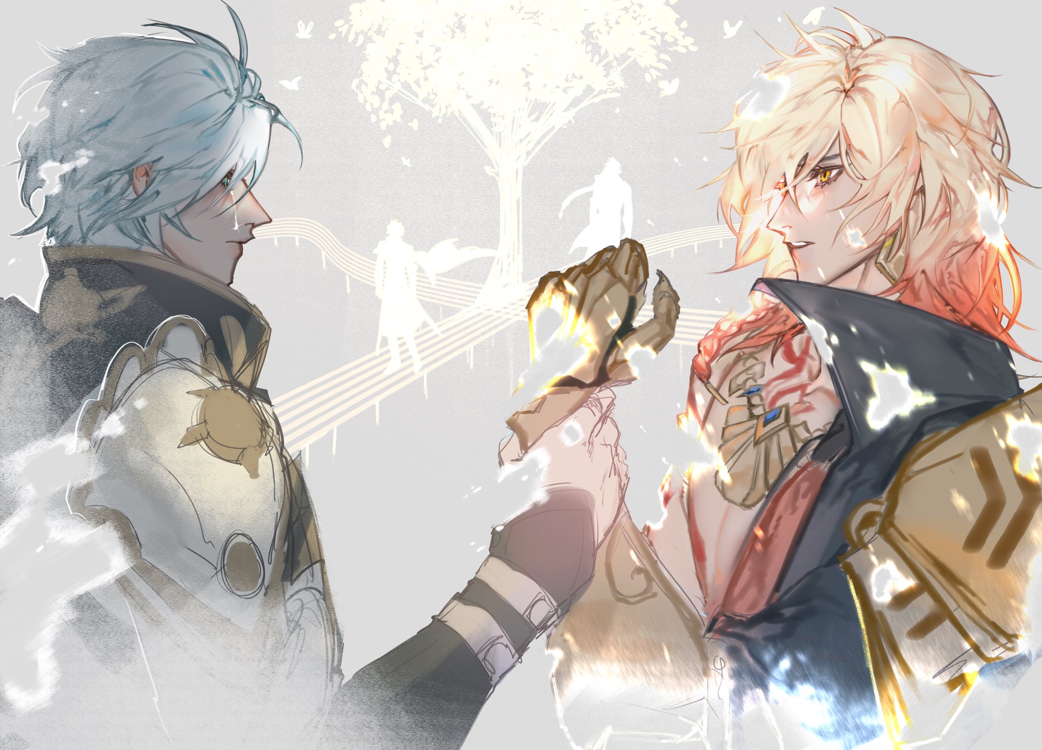 mydei (honkai: star rail), phainon (honkai: star rail), honkai: star rail, honkai (series), highres, 2boys, antenna hair, armor, black coat, black shirt, blonde hair, blue eyes, braid, chest tattoo, clawed gauntlets, coat, crying, crying with eyes open, dissolving, earrings, facial tattoo, from side, gold earrings, gold necklace, gradient hair, hair between eyes, holding another's wrist, jewelry, male focus, medium hair, multicolored hair, multiple boys, necklace, open clothes, open coat, pauldrons, pikminpurplest, profile, red hair, red tattoo, shirt, short hair, shoulder armor, side braid, single pauldron, tattoo, tears, white coat, white hair, yaoi, yellow eyes