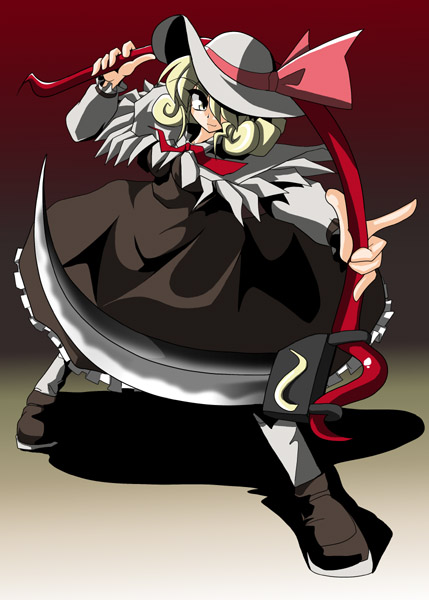 kieyza, elly (touhou), lotus land story, touhou, touhou (pc-98), 1girl, black dress, blonde hair, dress, female focus, gradient background, grey background, hat, red background, scythe, solo