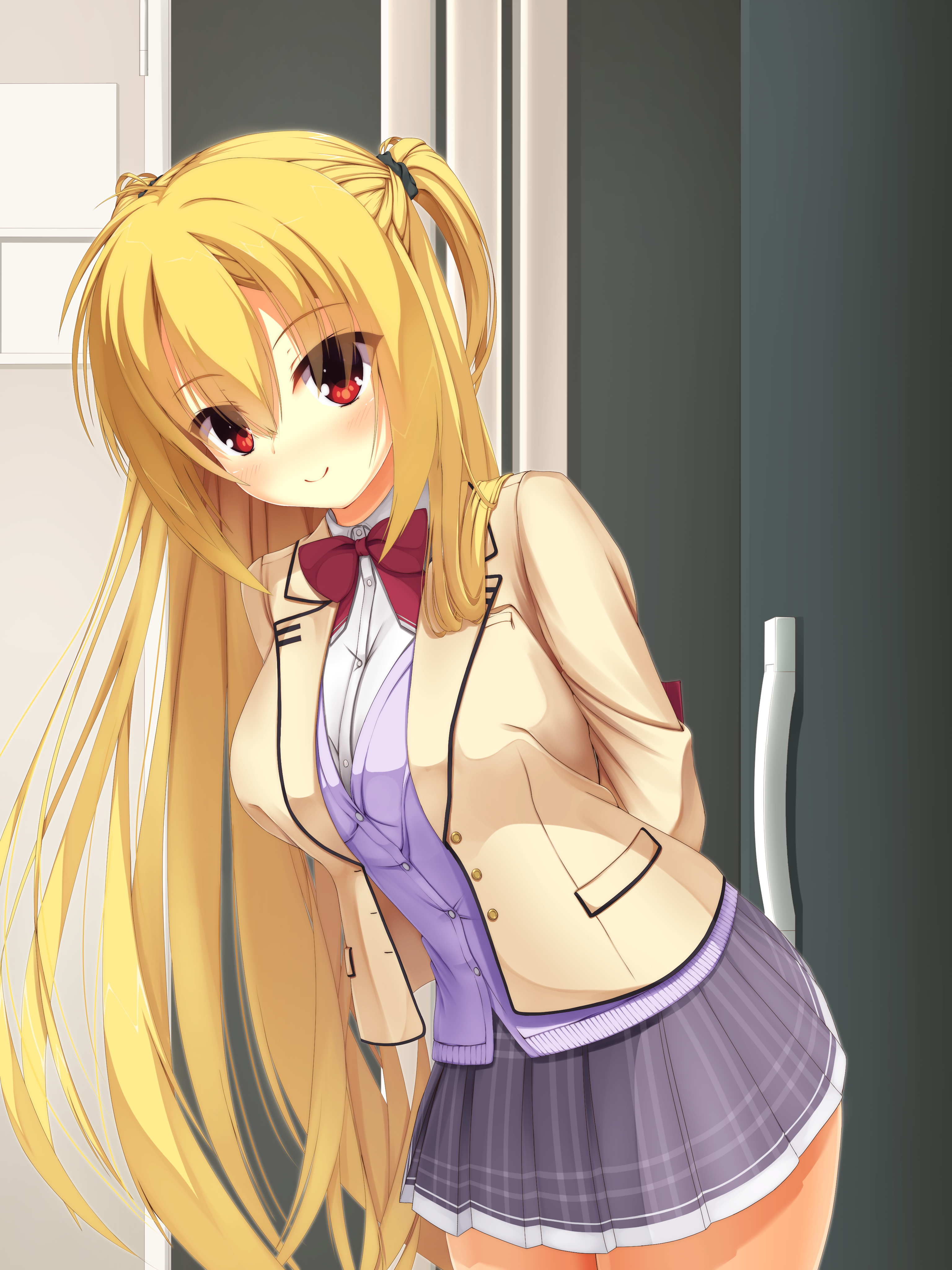 reiji tsukimi, arihara nanami, riddle joker, absurdres, commentary, highres, 1girl, arms behind back, blazer, blonde hair, blush, bow, breasts, cardigan, closed mouth, collared shirt, cowboy shot, eyes visible through hair, grey skirt, hair between eyes, indoors, jacket, kikka academy school uniform, large breasts, leaning forward, long hair, looking at viewer, miniskirt, official alternate costume, official alternate hairstyle, open clothes, open jacket, plaid clothes, plaid skirt, pleated skirt, purple cardigan, red bow, red eyes, school uniform, shirt, shy, skirt, smile, solo, split mouth, straight hair, tsurime, two side up, valentine, very long hair, white shirt, yellow jacket