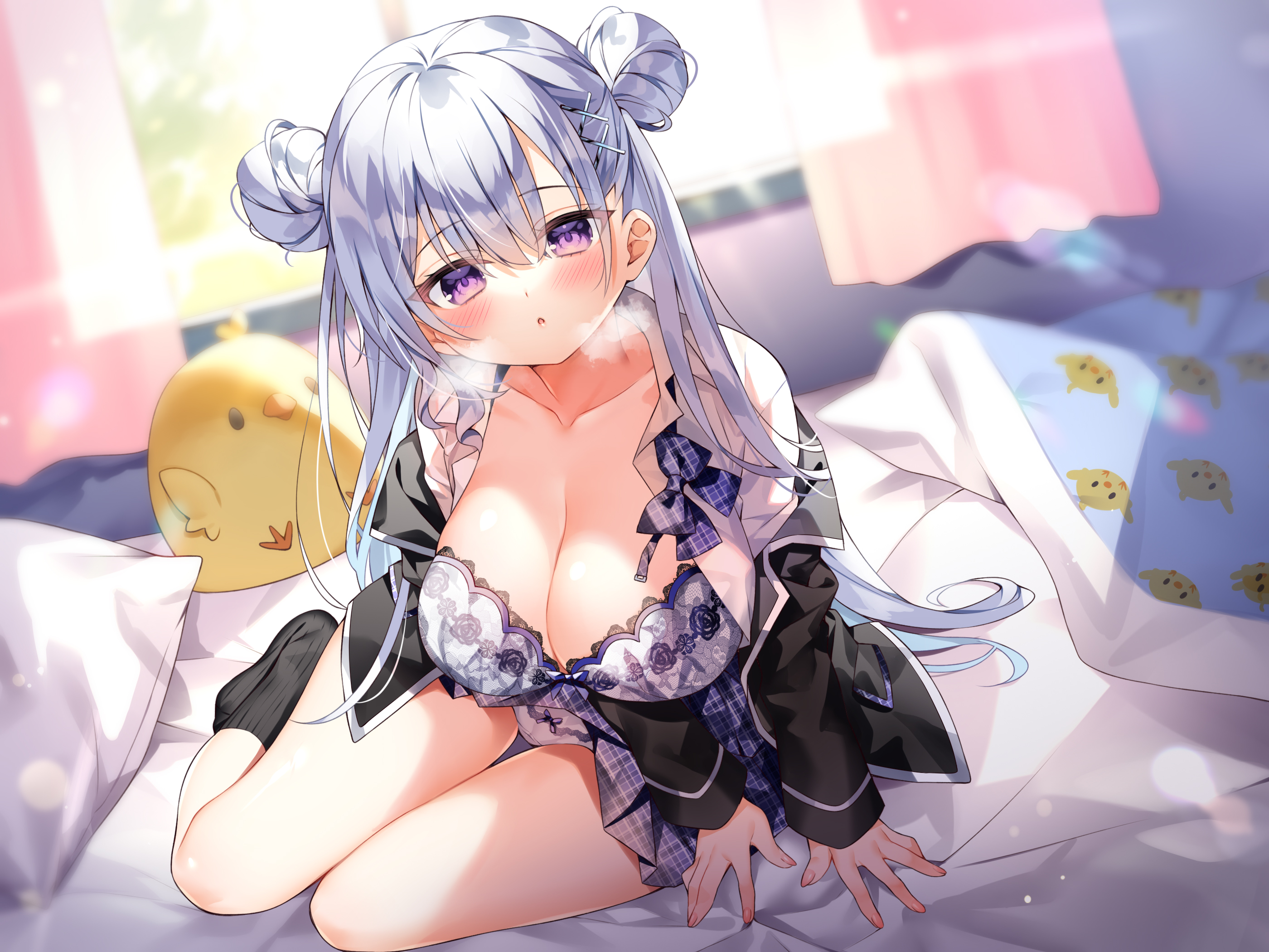 chihiro (khorosho), original, highres, 1girl, bed sheet, black jacket, black socks, blanket, blush, bra, breasts, cleavage, clothes lift, collarbone, curtains, double bun, grey hair, hair between eyes, hair bun, hair ornament, heavy breathing, indoors, jacket, large breasts, lens flare, long hair, looking at viewer, morning, on bed, open clothes, open mouth, open shirt, panties, pillow, plaid clothes, plaid skirt, pleated skirt, purple bra, purple eyes, purple panties, purple skirt, school uniform, shirt, sidelocks, sitting, skirt, skirt lift, socks, solo, stuffed animal, stuffed toy, thighs, underwear, white shirt, window, x hair ornament