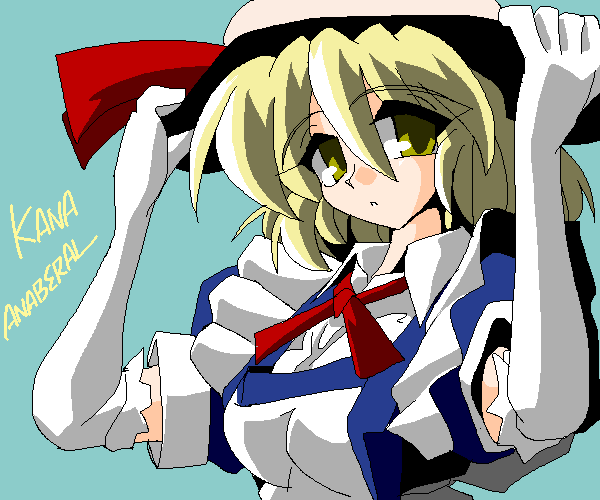 kieyza, kana anaberal, poltergeist, phantasmagoria of dim.dream, touhou, touhou (pc-98), 1girl, blonde hair, character name, elbow gloves, english text, female focus, gloves, hat, solo, yellow eyes