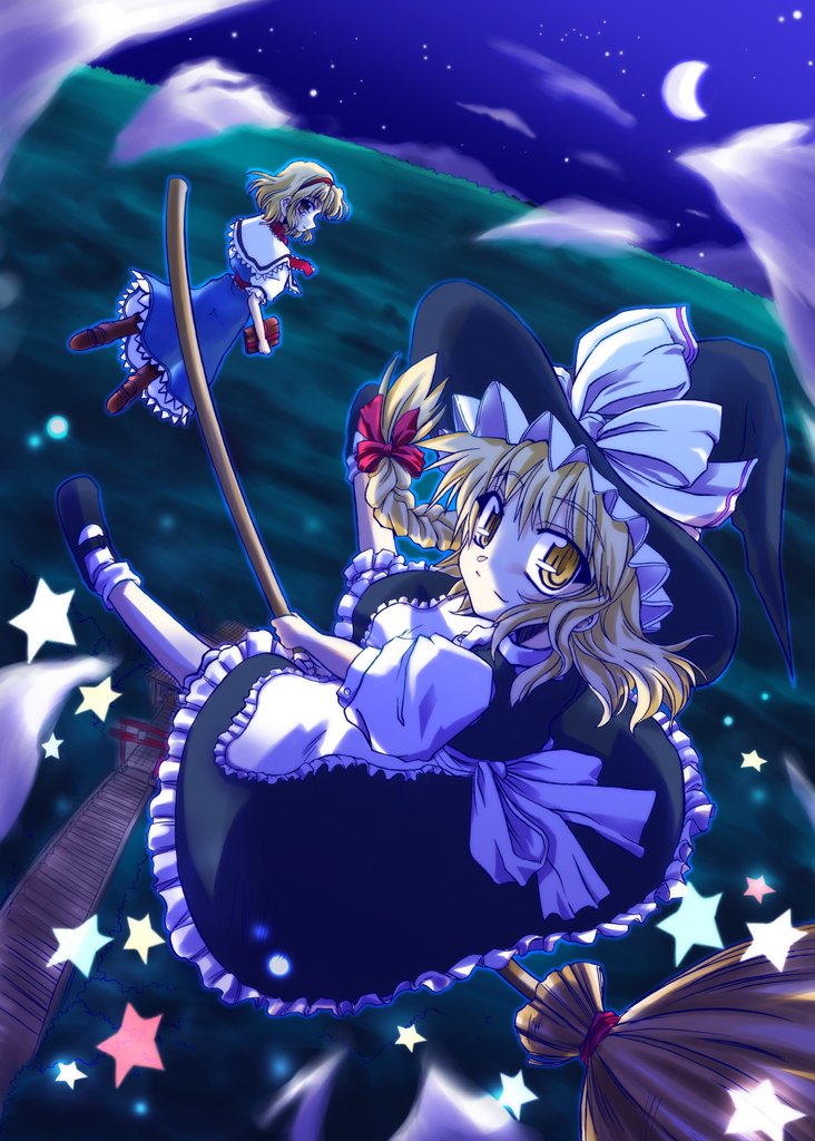 takana shinno, alice margatroid, kirisame marisa, touhou, brown footwear, white legwear, 2girls, apron, blonde hair, book, boots, bow, braid, broom, broom riding, capelet, crescent moon, dress, female focus, flying, grimoire, hair ribbon, hat, hat bow, landscape, looking at viewer, looking back, looking up, mary janes, moon, multiple girls, night, night sky, puffy short sleeves, puffy sleeves, ribbon, shoes, short hair, short sleeves, single braid, sky, socks, star (symbol), torii, tress ribbon, white bow, witch hat, yellow eyes