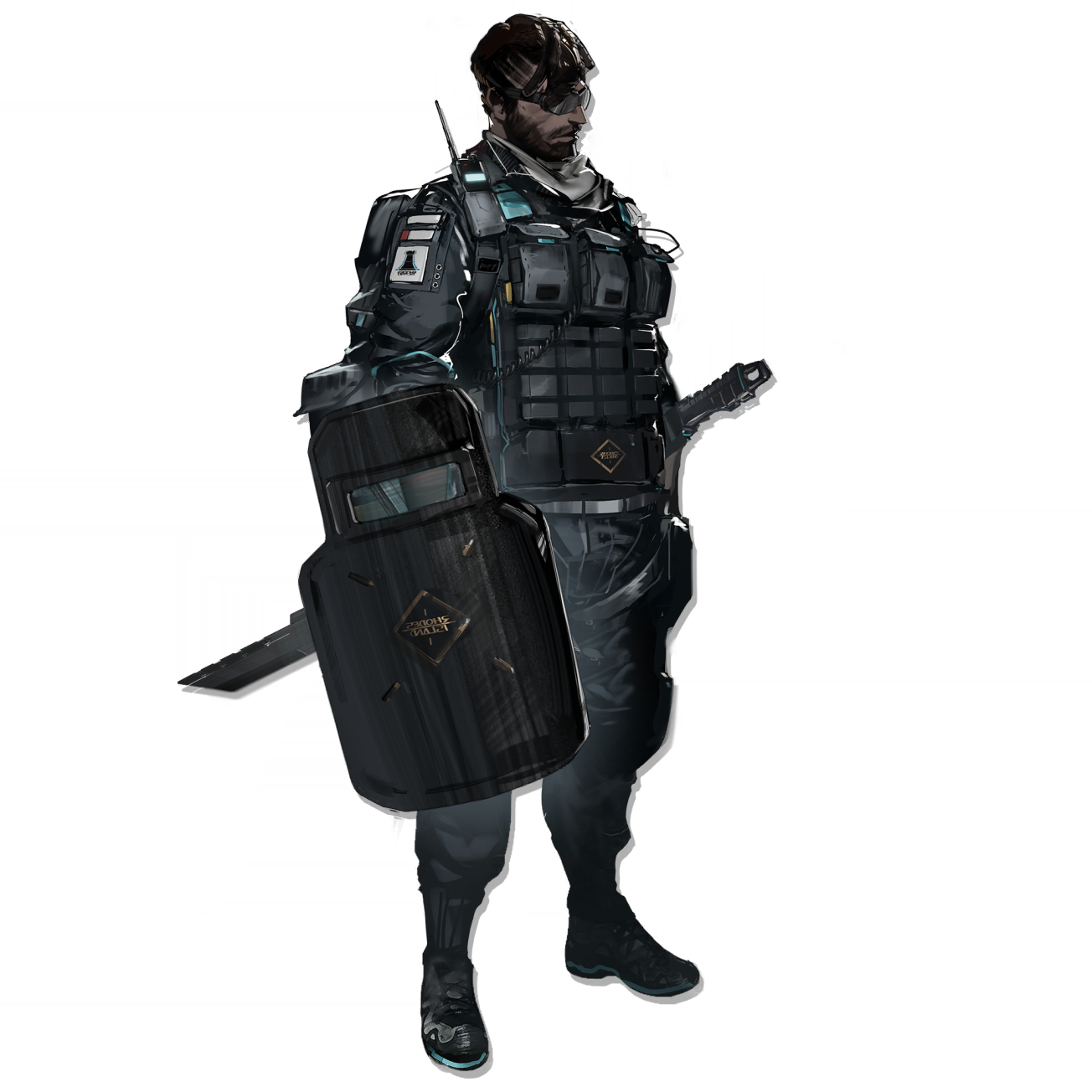 sharp (arknights), arknights, highres, official art, third-party source, 1boy, drop shadow, full body, male focus, rhodes island uniform, simple background, solo, standing, tachi-e, transparent background