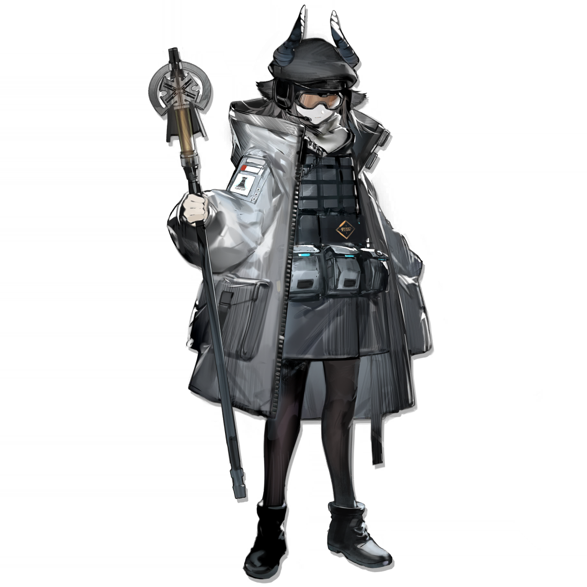 touch (arknights), arknights, official art, third-party source, 1girl, ammunition pouch, animal ears, black pantyhose, black shoes, bulletproof vest, closed mouth, coat, drop shadow, faceless, faceless female, full body, goat ears, goat girl, goat horns, goggles, grey coat, grey hair, hat, headset, holding, holding staff, horns, horns through headwear, load bearing vest, medium hair, neck warmer, orange-tinted eyewear, pantyhose, peaked cap, pouch, rhodes island logo (arknights), rhodes island uniform, shoes, simple background, solo, staff, standing, tachi-e, tactical clothes, tinted eyewear, transparent background