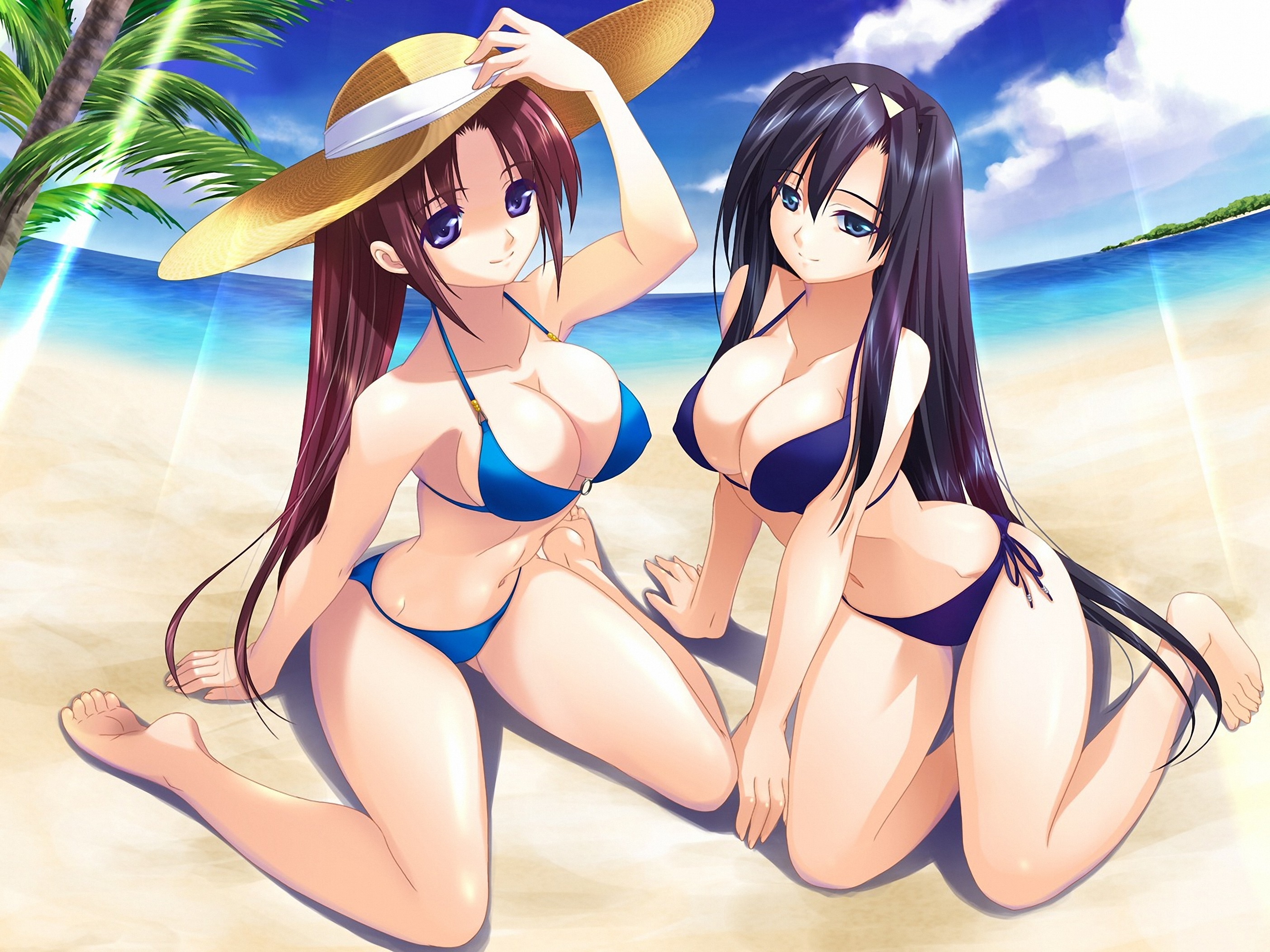 shinonome kazuhiko, kirishima mizuki, shirakawa saori, aneimo, highres, scan, 00s, 2girls, barefoot, beach, bikini, black hair, blue eyes, breast press, breasts, breasts squeezed together, cleavage, covered erect nipples, day, feet, hat, large breasts, long hair, multiple girls, ocean, outdoors, ponytail, purple eyes, purple hair, side-tie bikini bottom, sitting, smile, soles, straw hat, swimsuit, toes, very long hair, wariza, water