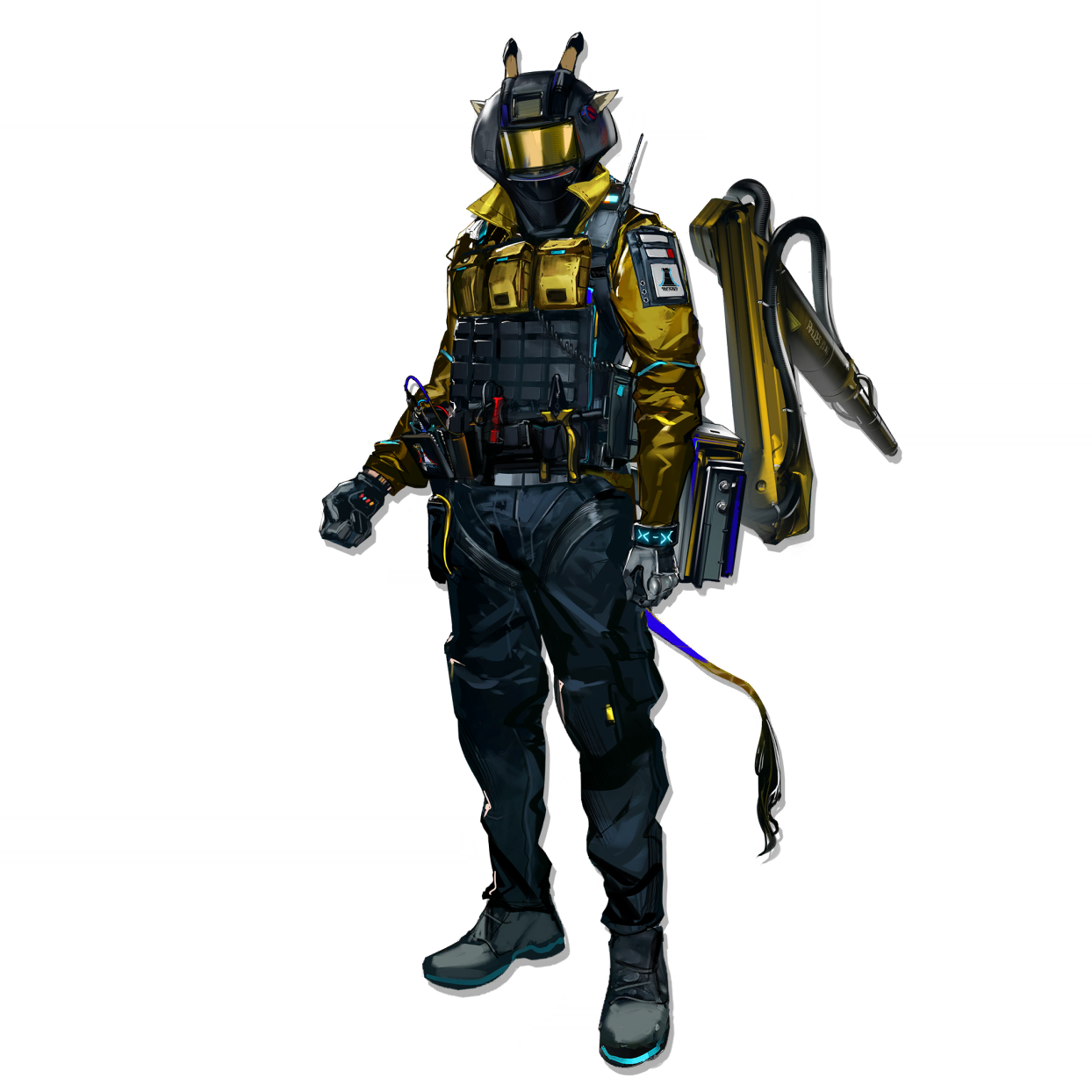 infection monitor (arknights), arknights, highres, official art, third-party source, 1boy, ammunition pouch, animal ears, bulletproof vest, extra arms, faceless, faceless male, full body, giraffe boy, giraffe ears, giraffe horns, giraffe tail, horns, load bearing vest, male focus, mechanical arms, mechanist (arknights), pouch, rhodes island logo (arknights), rhodes island uniform, simple background, single mechanical arm, solo, standing, tachi-e, tactical clothes, tail, transparent background, walkie-talkie