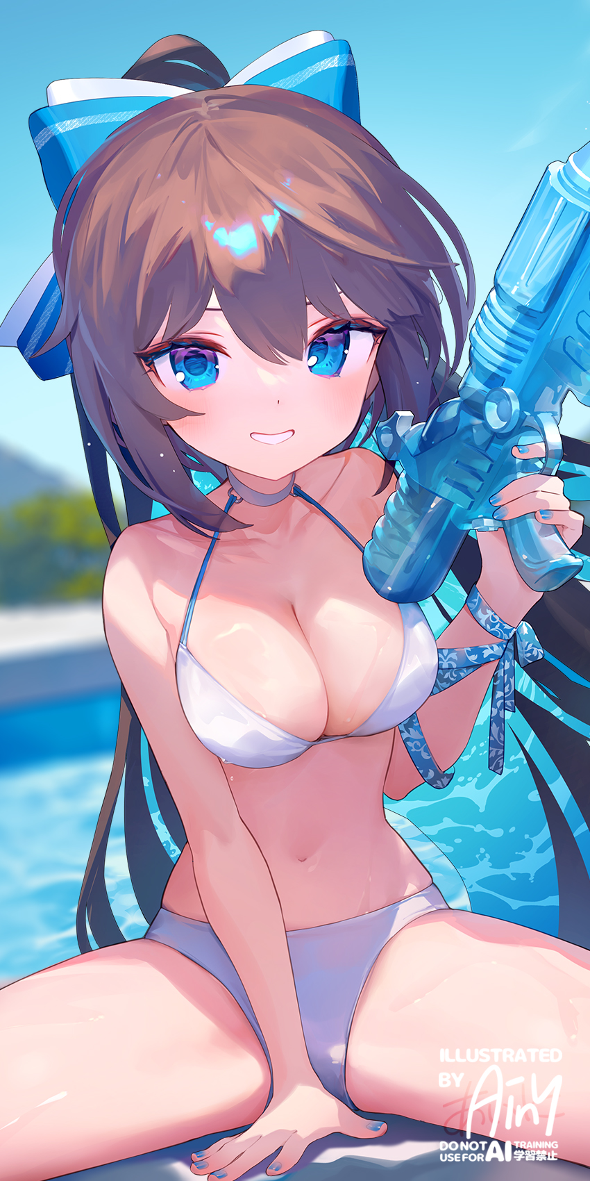 ainy, original, commentary, highres, 1girl, bikini, blue bow, blue eyes, blush, bow, breasts, brown hair, cleavage, collarbone, cowboy shot, day, grin, hair bow, holding, holding water gun, large breasts, long hair, looking at viewer, navel, outdoors, sitting, smile, solo, swimsuit, water gun, watermark, white bikini