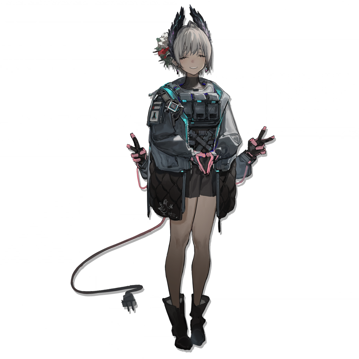 azling, raidian (arknights), arknights, official art, revision, third-party source, 1girl, extra arms, full body, grey hair, rhodes island uniform, simple background, solo, standing, steepled fingers, tachi-e, tail, transparent background