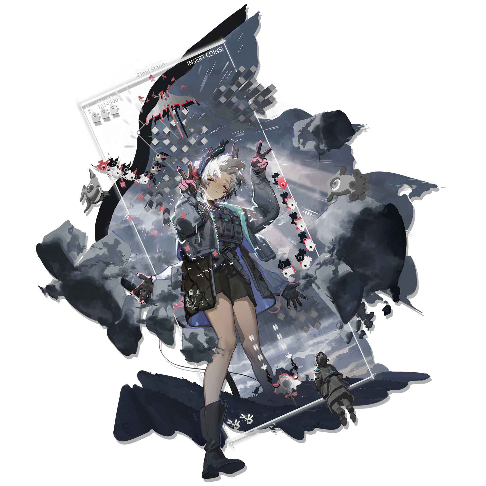 azling, doctor (arknights), raidian (arknights), arknights, highres, official art, third-party source, 1girl, 1other, double v, full body, one eye closed, rhodes island uniform, solo focus, standing, transparent background, unusually open eyes, v