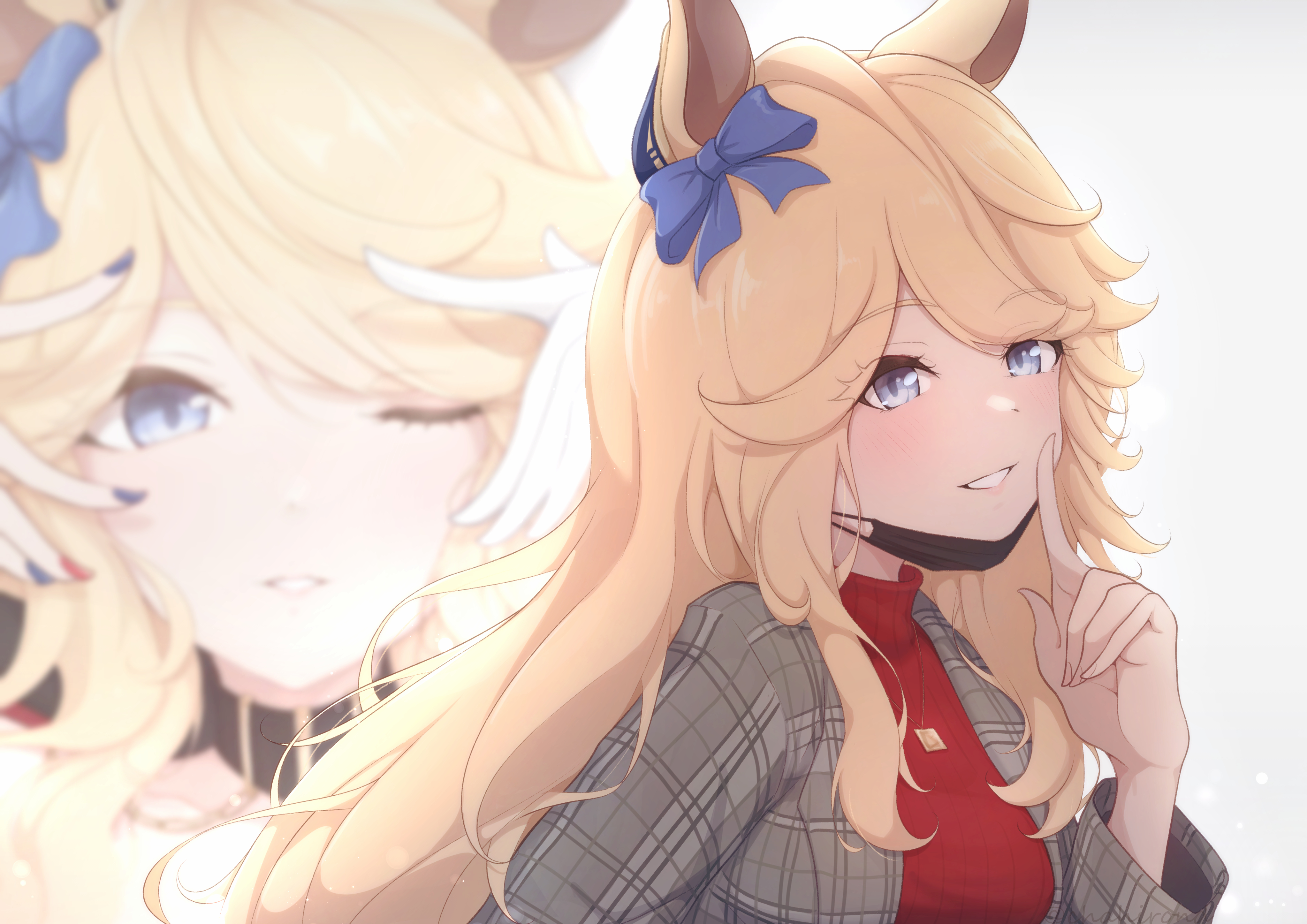 chahiro, gold city (umamusume), umamusume, absurdres, commentary request, highres, 1girl, animal ears, black choker, black mask, blonde hair, blue bow, blue eyes, blush, bow, choker, ear bow, fingernails, gloves, grey jacket, half gloves, horse ears, horse girl, index finger raised, jacket, long hair, long sleeves, looking at viewer, mask, mask lift, mouth mask, one eye closed, plaid clothes, plaid jacket, sidelocks, simple background, smile, upper body, white background, white gloves, zoom layer