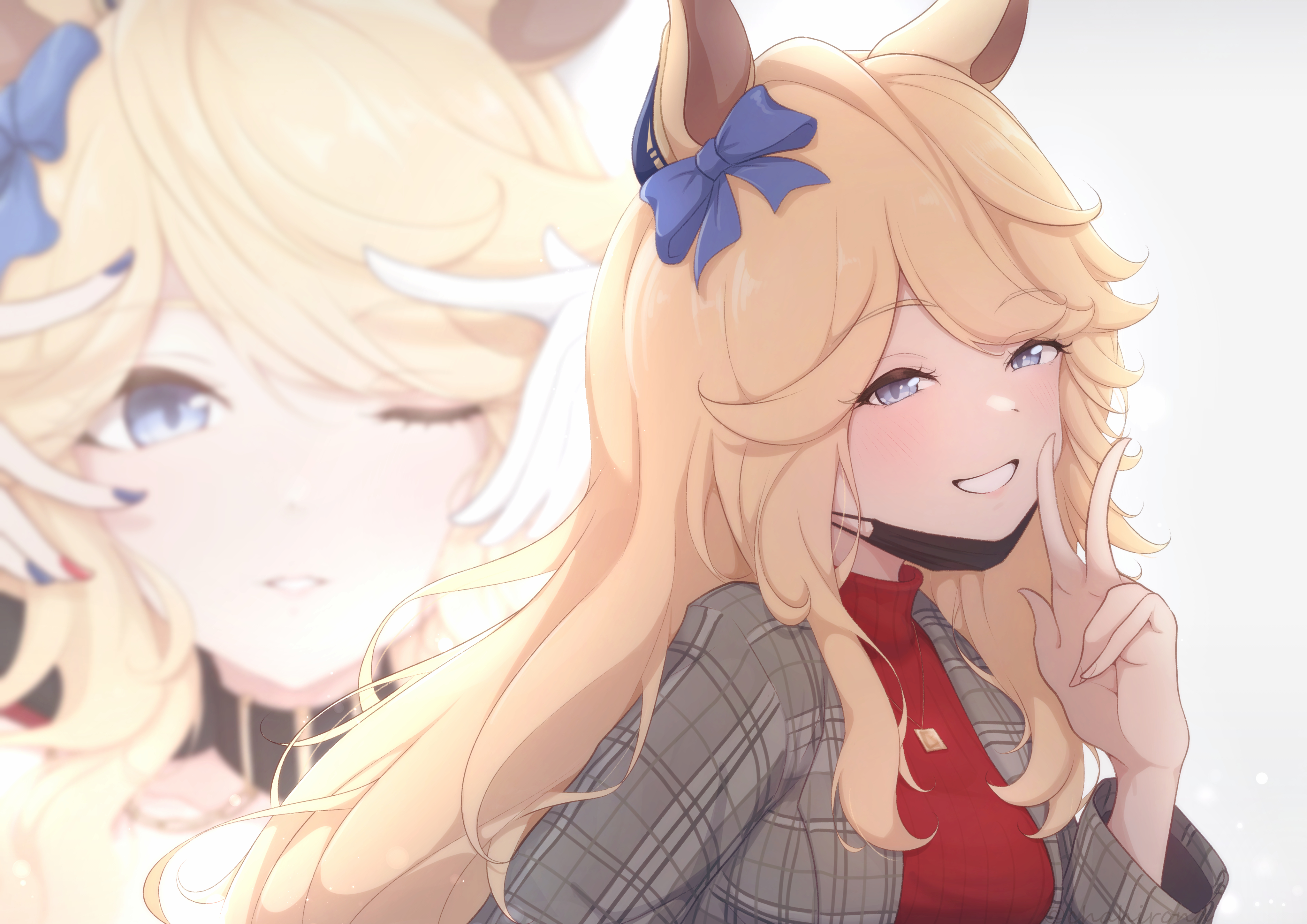 chahiro, gold city (umamusume), umamusume, absurdres, commentary request, highres, 1girl, animal ears, black choker, black mask, blonde hair, blue bow, blue eyes, blush, bow, choker, ear bow, fingernails, gloves, grey jacket, half-closed eyes, half gloves, horse ears, horse girl, jacket, long hair, long sleeves, looking at viewer, mask, mask lift, mouth mask, one eye closed, plaid clothes, plaid jacket, sidelocks, simple background, smile, upper body, w, white background, white gloves, zoom layer