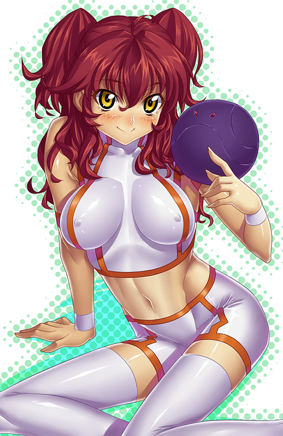 kink (tortoiseshell), bad haro, haro, nena trinity, gundam, gundam 00, 00s, 1girl, bike shorts, blush, breasts, covered erect nipples, crop top, female focus, freckles, large breasts, red hair, solo, thighhighs, two side up, yellow eyes, zettai ryouiki