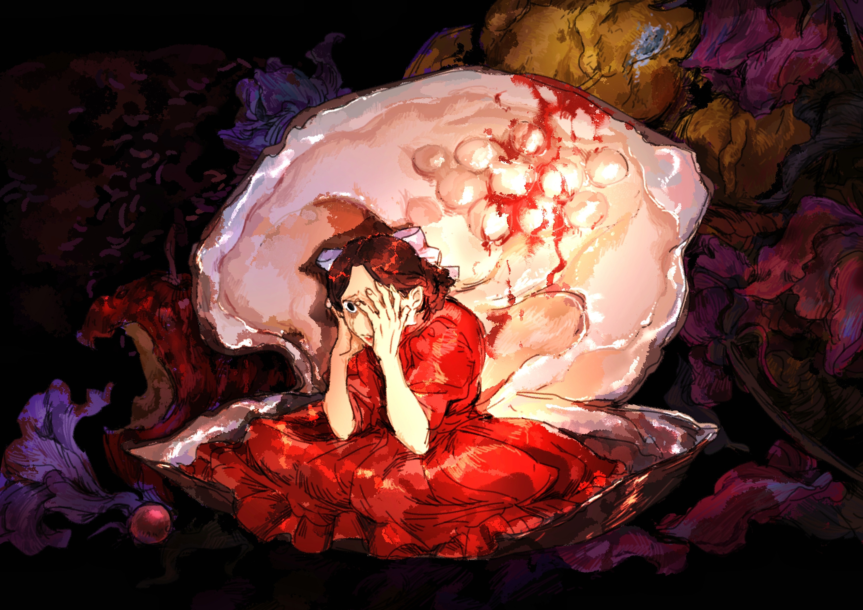 absurdres, highres, 1girl, black eyes, blood, brown hair, clam, crying, dress, gem, igavehim-life, looking at viewer, pearl (gemstone), pearl (movie), red dress, sitting, solo