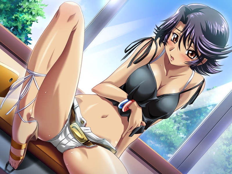 kimura takahiro, kamishima tomoko, ano machi no koi no uta, p-factory, 1girl, breasts, brown eyes, female focus, high heel sandals, high heels, large breasts, long legs, navel, open shoes, purple hair, sandals, shoes, solo, spread legs, sweat, wet